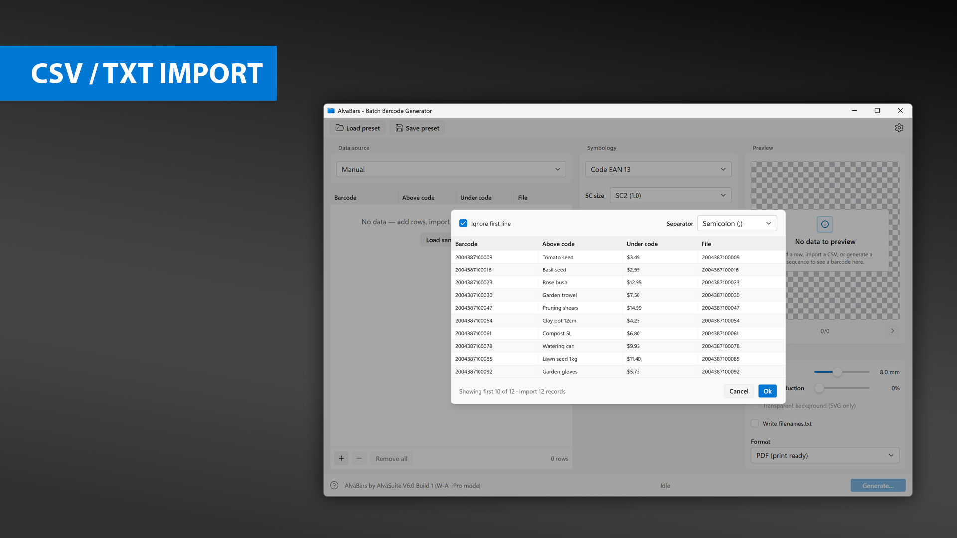 AlvaBars CSV import