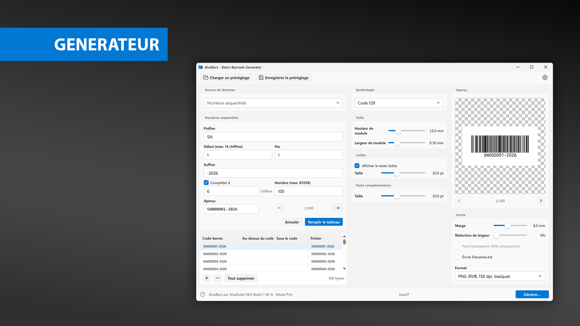 Générateur de numéros séquentiels AlvaBars