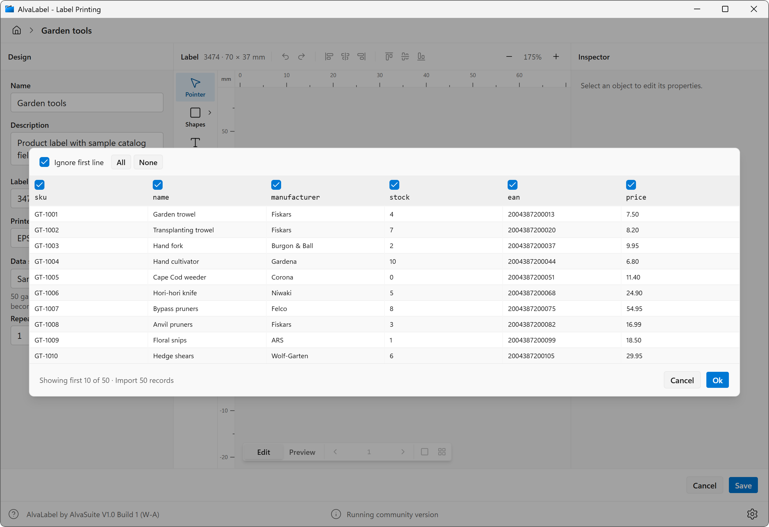 AlvaLabel — Excel sheet import