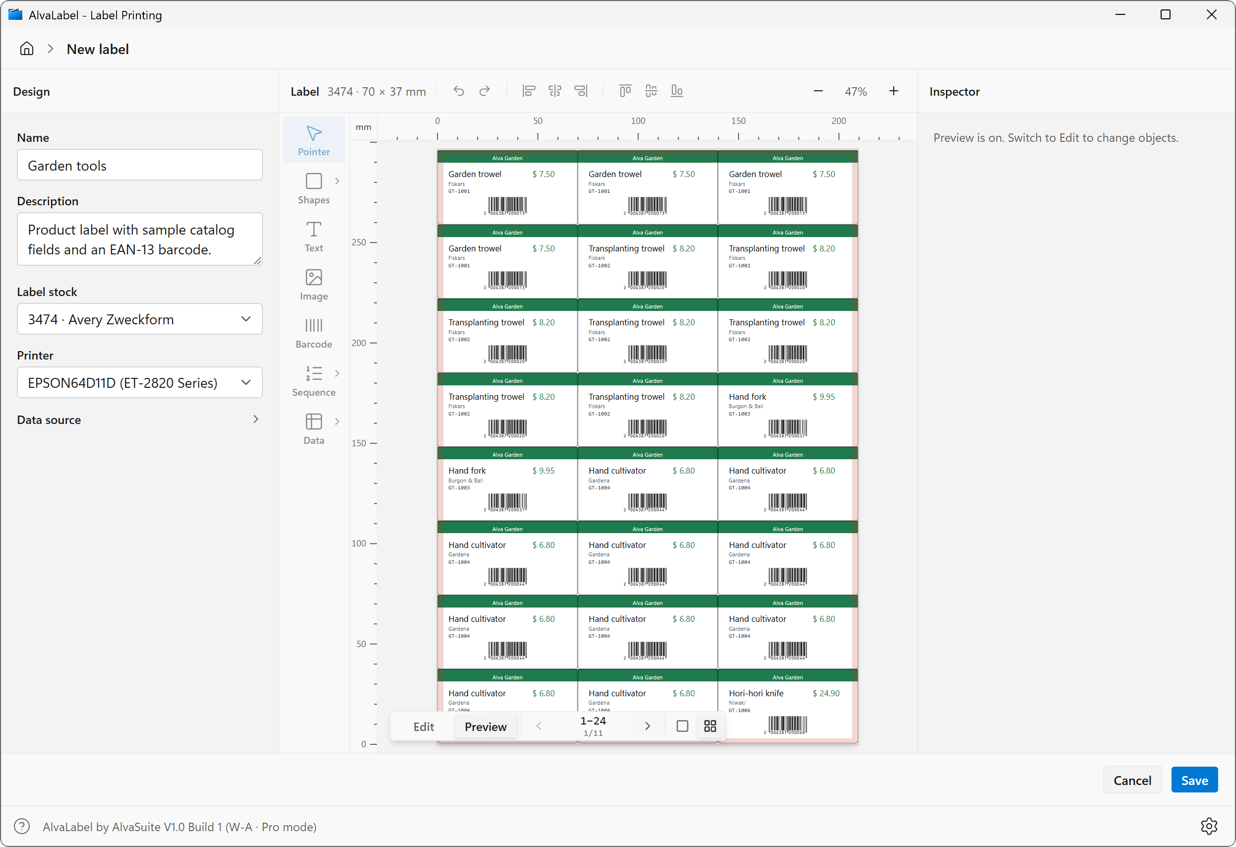 AlvaLabel — full sheet preview