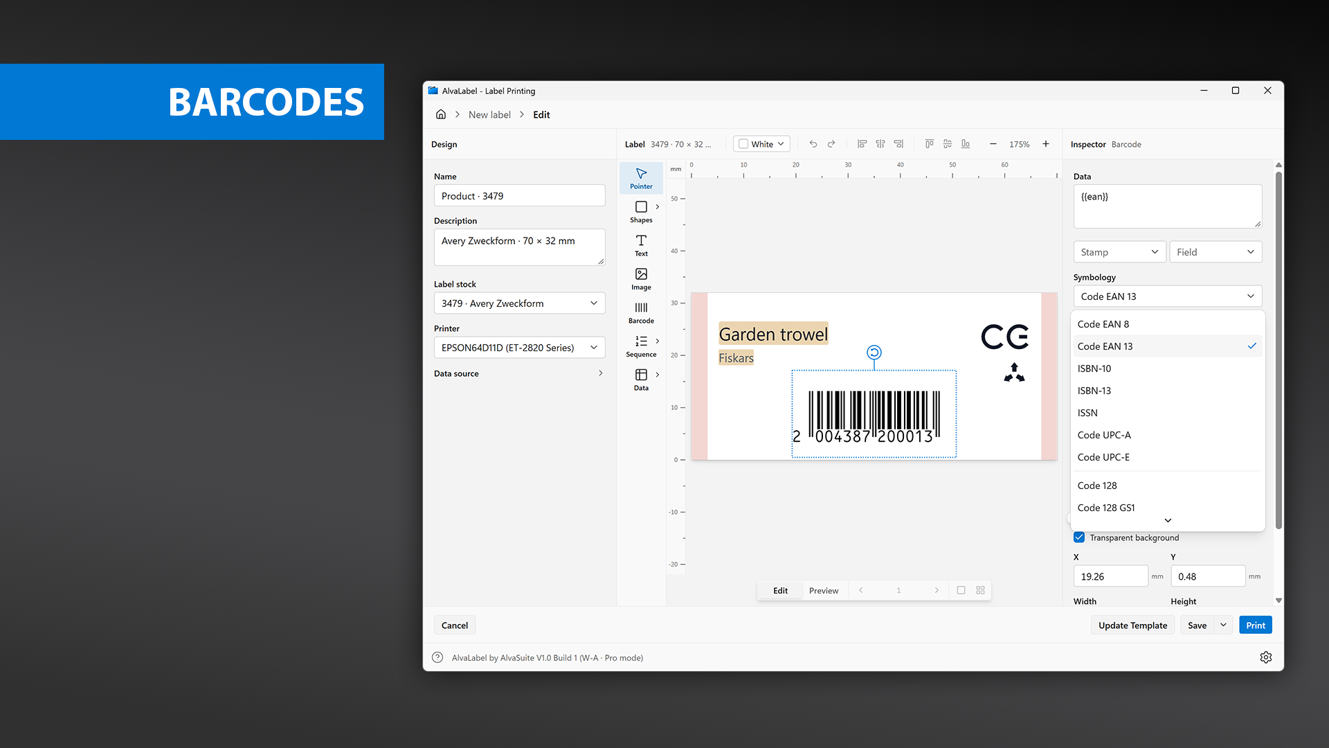 AlvaLabel barcode symbologies