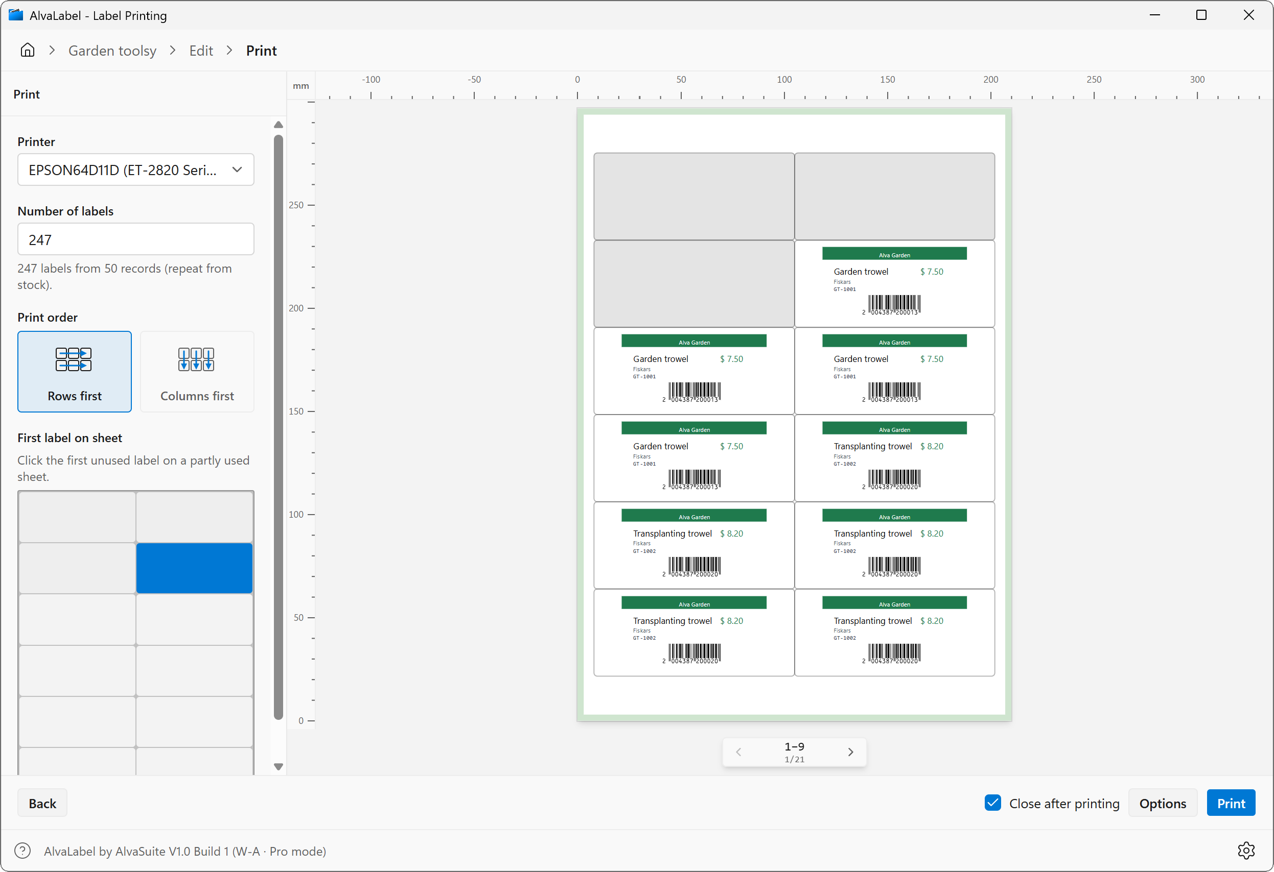 AlvaLabel — print dialog