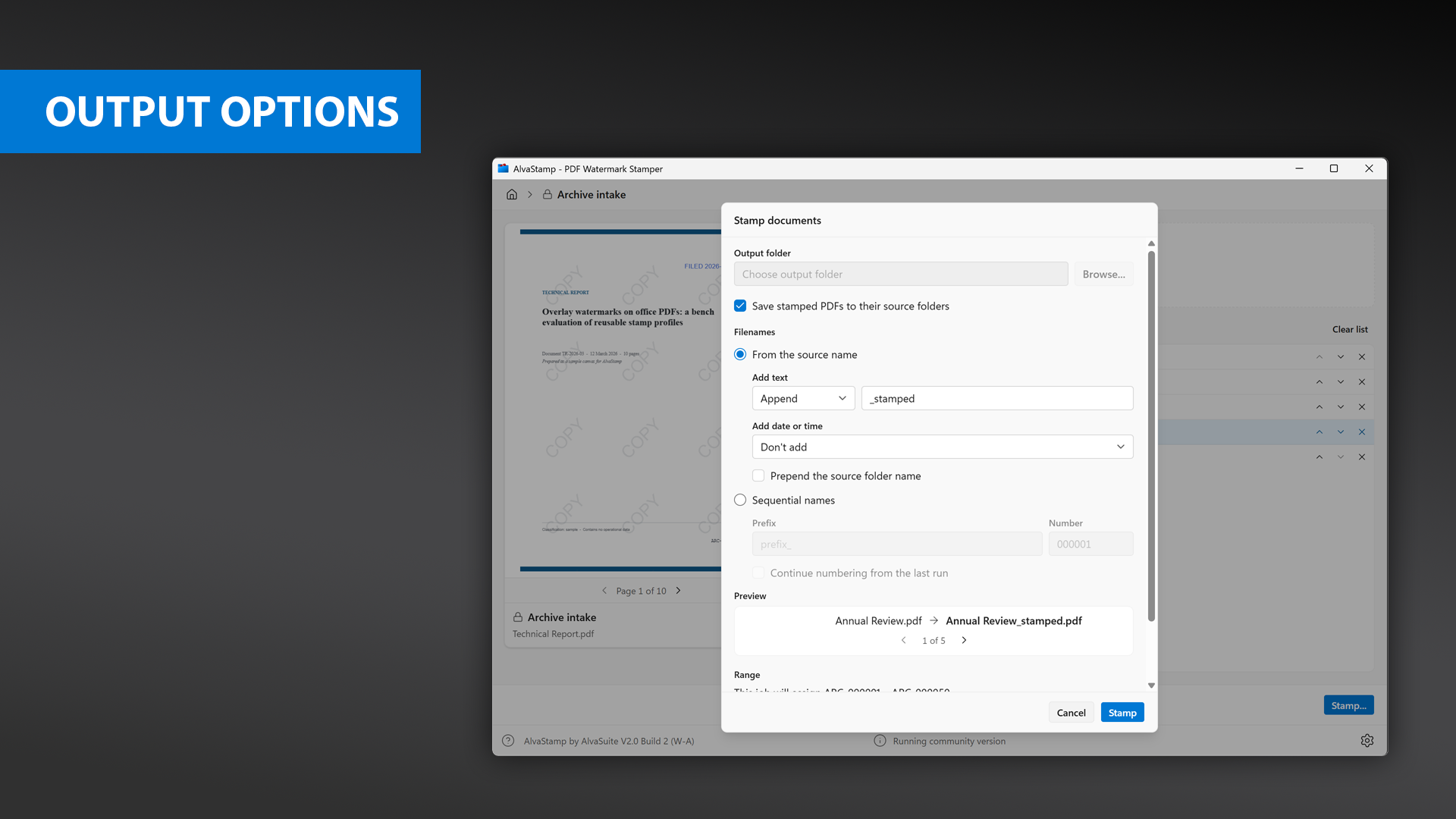 AlvaStamp output options